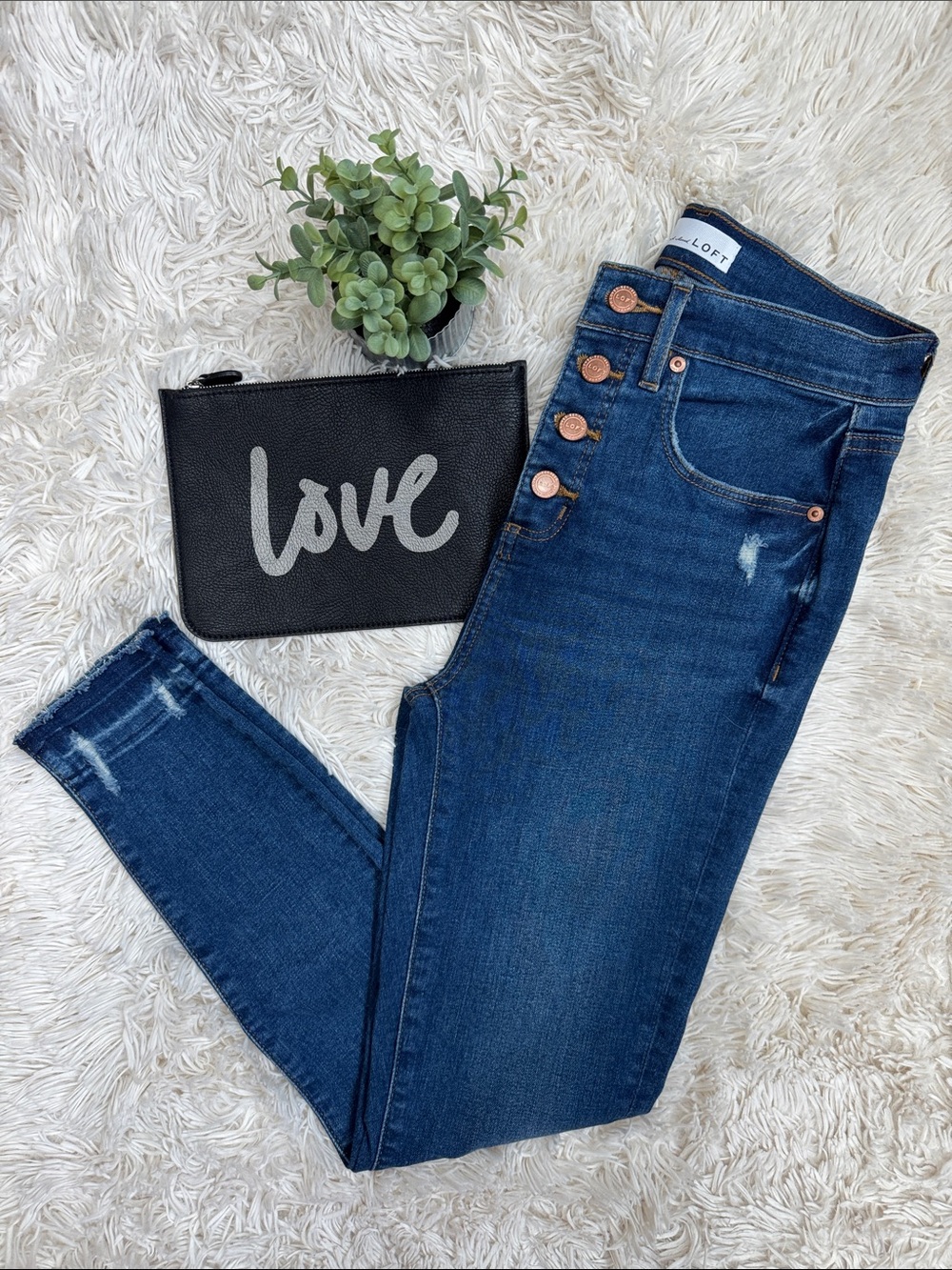 Loft High Waist Skinny Crop Button-Fly Jeans 💗 Dark Wash